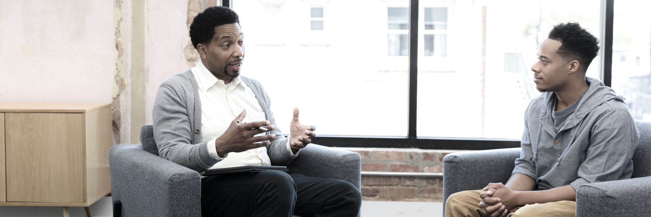 A man in an individual therapy session for outpatient borderline personality disorder (BPD) treatment at Pillars Health Group. He's exploring how to treat his BPD splitting.