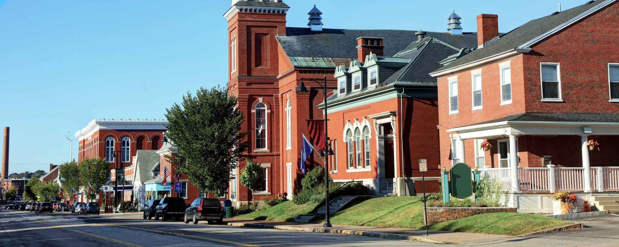 Downtown Saco, ME, a short drive away from outpatient mental health treatment at Pillars Health Group in South Portland, ME.